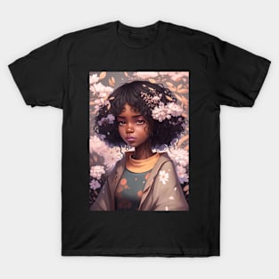 Kawaii Beautiful Floral Anime Black girl - Cute Black girl birthday T-Shirt